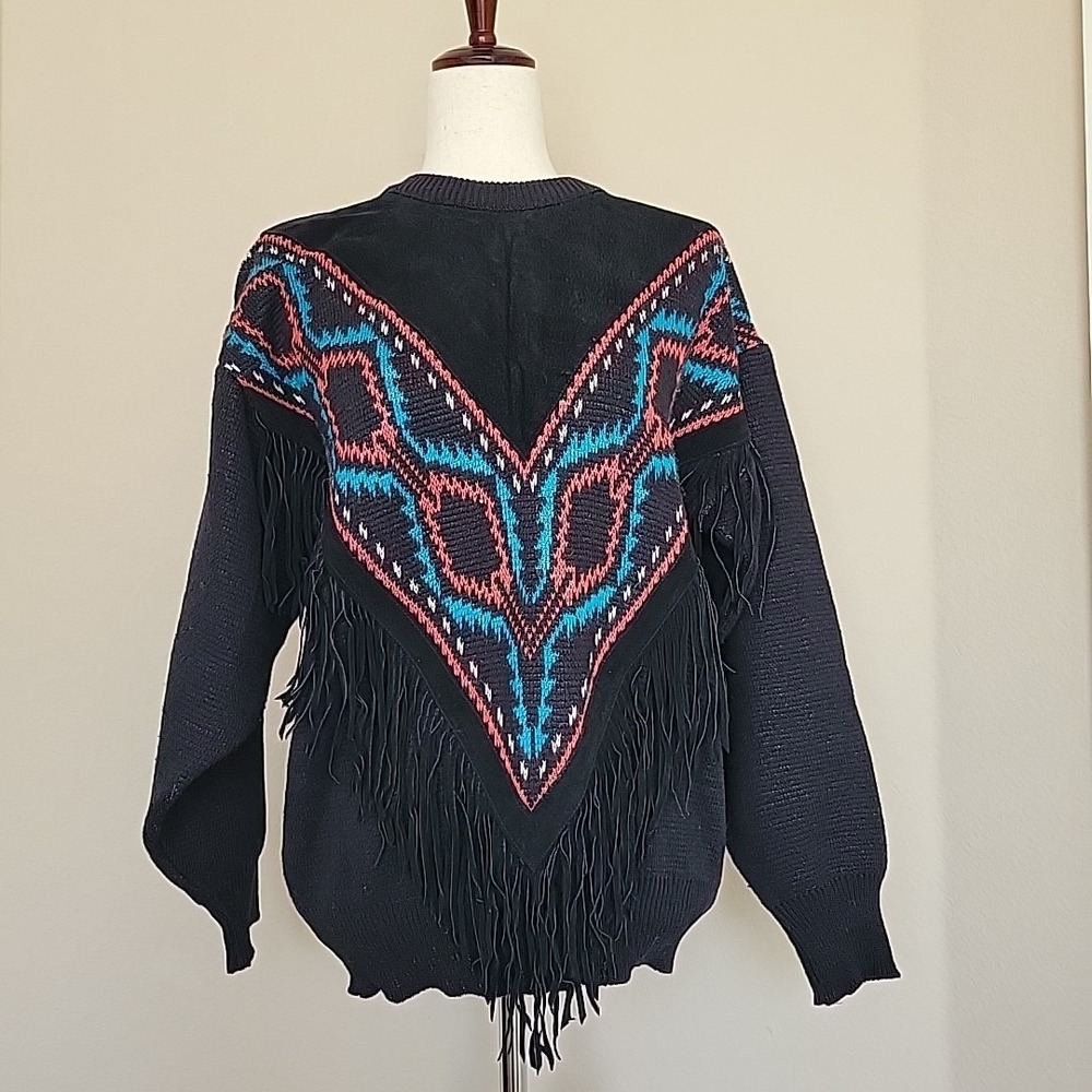 VTG Cameo Rose Black Womens Sweater Sz S Western FRINGE Suede Cowgirl Aztec 90s
